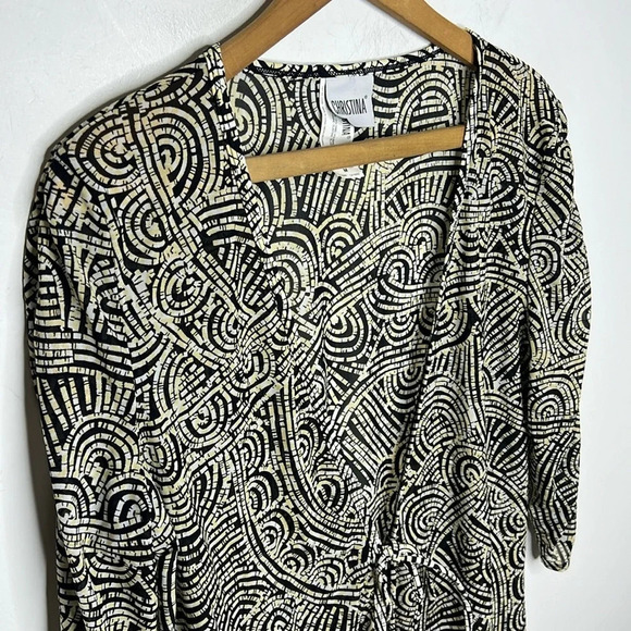 CHRISTINA Mesh Artsy Abstract Tie Front Long Line Ruched Sleeve CoverUp Cardigan - Picture 4 of 13